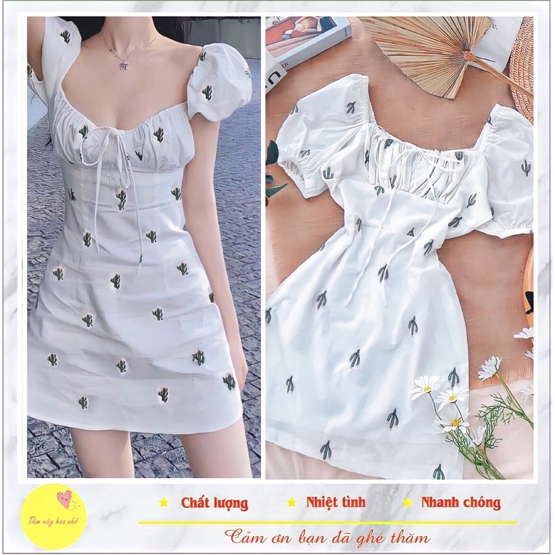 Đầm Hoa Thêu Hoạ Tiết Xương Rồng Tay Bo Nhún Ngực