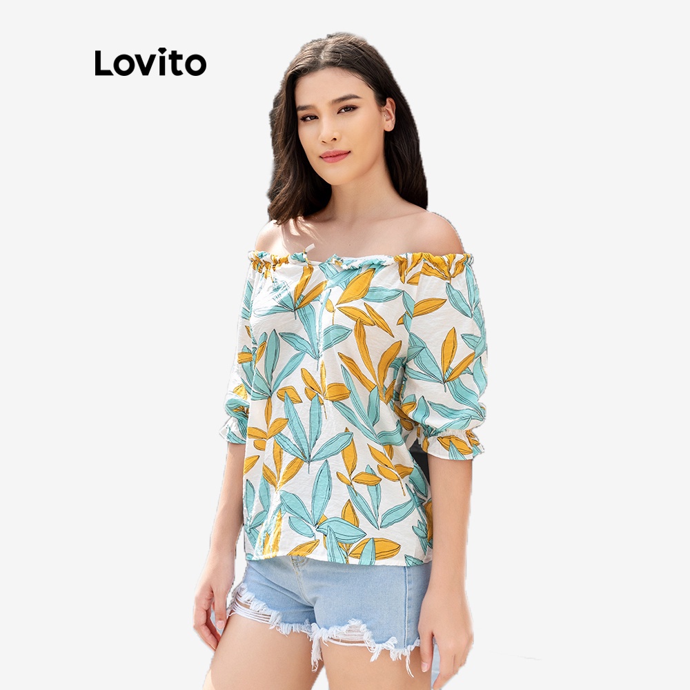 Áo kiểu Lovito in họa tiết hoa trễ vai L06162 (nhiều màu)