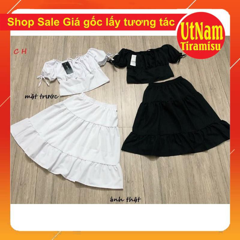 SÉT ĐỒ NỮ gồm có sét hai món áo croptop trệt vai nơ + chân váy ba tầng❤ Sét trang phục có Chân váy ngắn trên đùi giá rẻ