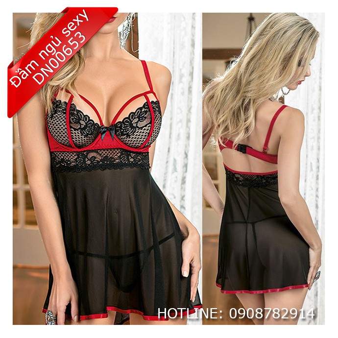 Bộ đầm ngủ sexy voan thun mịn, mã số sản phẩm DN00653.