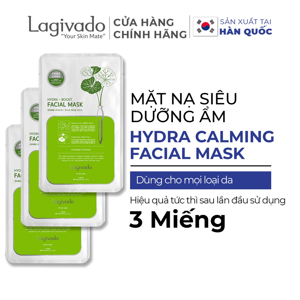 Combo 3 mặt nạ giấy dưỡng da ẩm mịn, căng bóng Hàn Quốc Lagivado Hydra Calming Facial Mask 23g/miếng