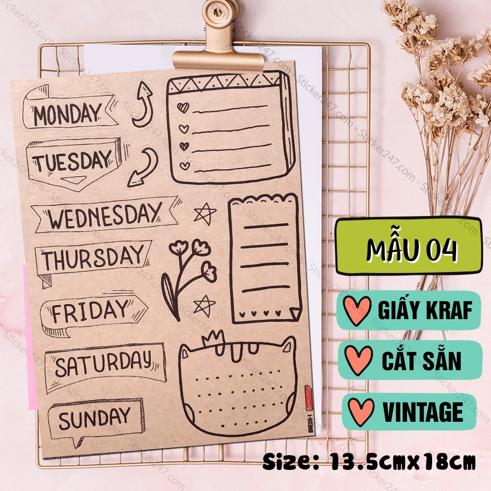 Sticker Đề Thứ Trong Tuần - Tháng Trong Năm - Note - Washi 𝑭𝒓𝒆𝒆𝒔𝒉𝒊𝒑 Decal Giấy Kraft Vintage dùng trang trí sổ, tập
