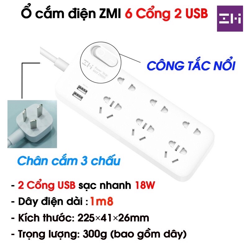 Ổ cắm điện Xiaomi Mi Power Strip đa chức năng 3 Cổng + 3 Usb hoặc 6 Cổng + 2 Usb