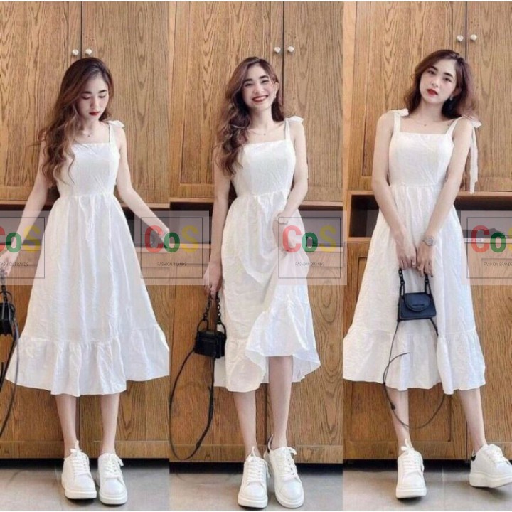[Mã FAMAYWA2 giảm 10K đơn 50K] Váy Trắng Nữ Hai Dây, COS, Đầm 2 Dây, Buộc Nơ Đuôi Cá, Eo Chun Chất Đũi Dáng Dài, V001 | BigBuy360 - bigbuy360.vn