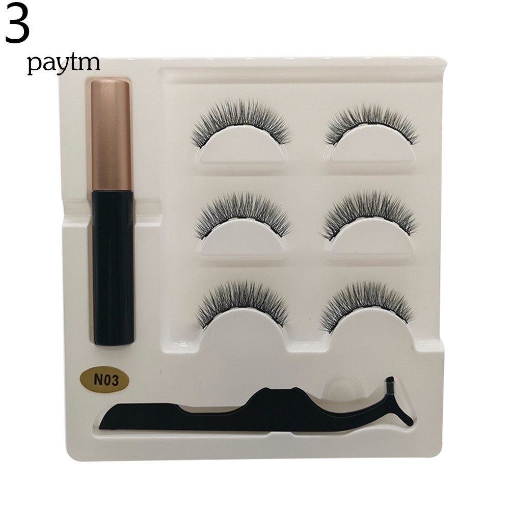 PM 3Pairs Magnetic 3D False Eyelashes Liquid Eyeliner Tweezers Lashes Extension Kit