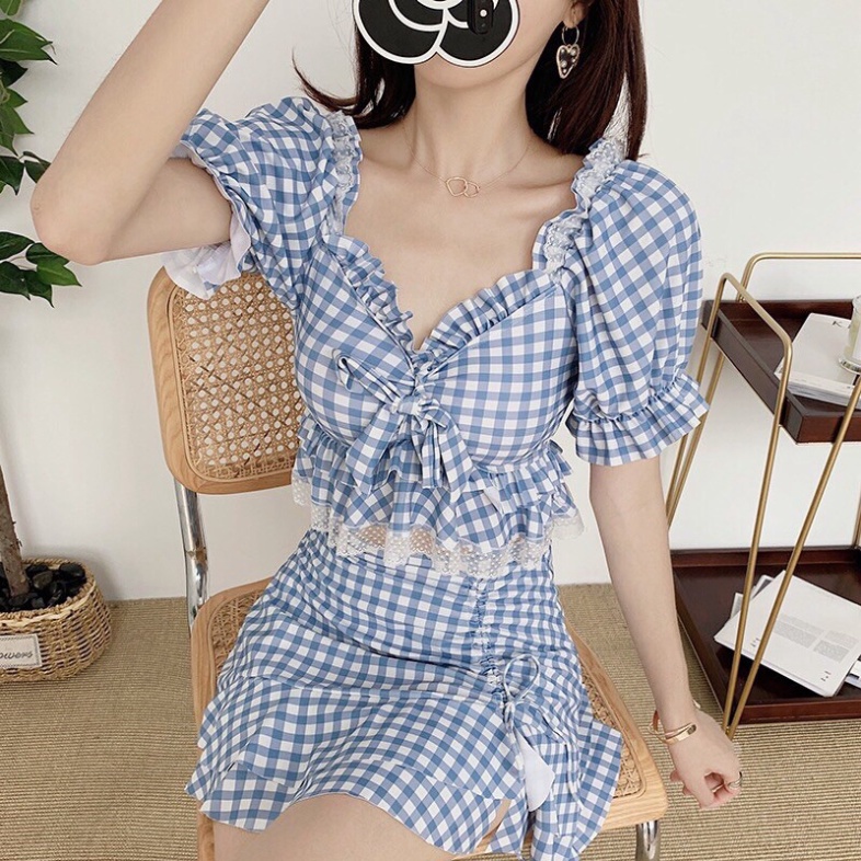Bikini Đi Biển 2 Mảnh Đồ Bơi Dạng Váy LUHAZO Sang Chảnh Cao Cấp Kẻ Caro Xanh 8209 B-25
