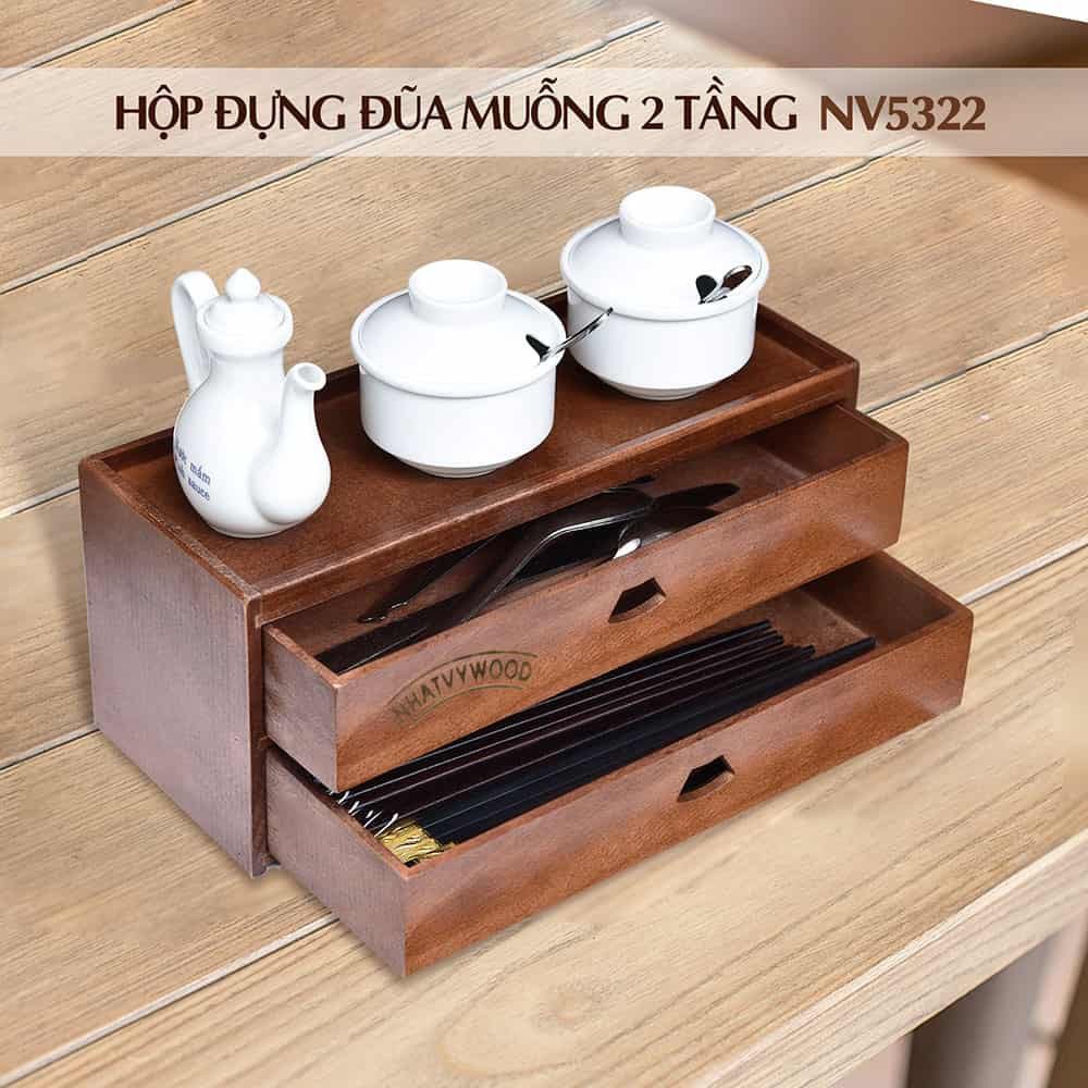 Hộp đựng đũa muỗng bằng gỗ 2 tầng Nhatvywood NV5322 dành cho nhà hàng - Quán ăn cao cấp