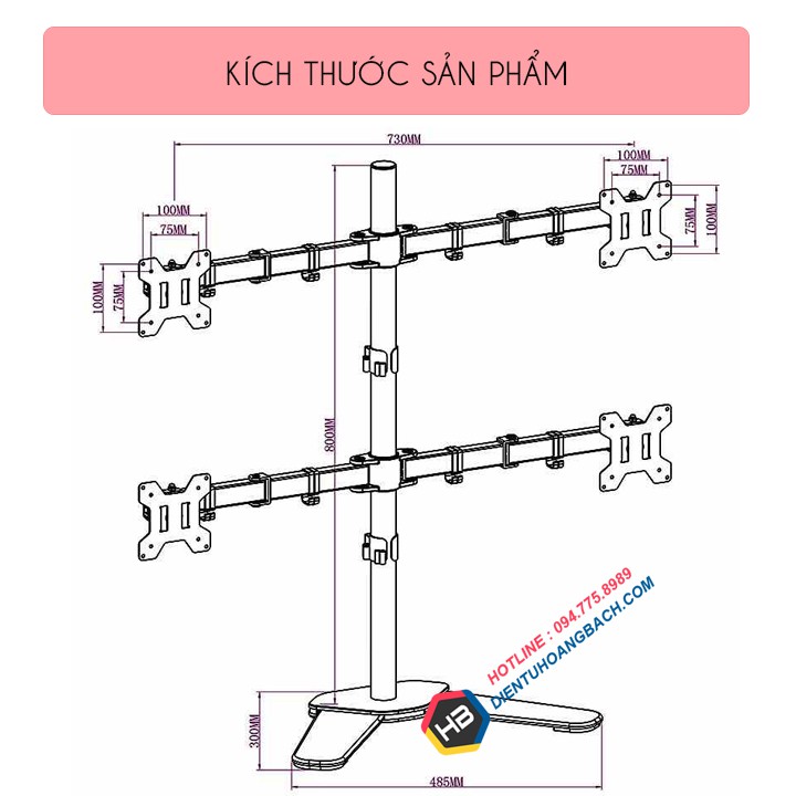 Giá Treo 4 Màn Hình Máy Tính M044 17 - 27 Inch Chân Đặt Bàn - Tay Đỡ Bốn Màn Hình Xoay 360 Độ - Tải Trọng 8Kg