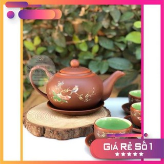 GIÁ SIÊU RẺ -  Bộ trà gốm Bát Tràng đất tử sa dáng Tống cảnh chim đào