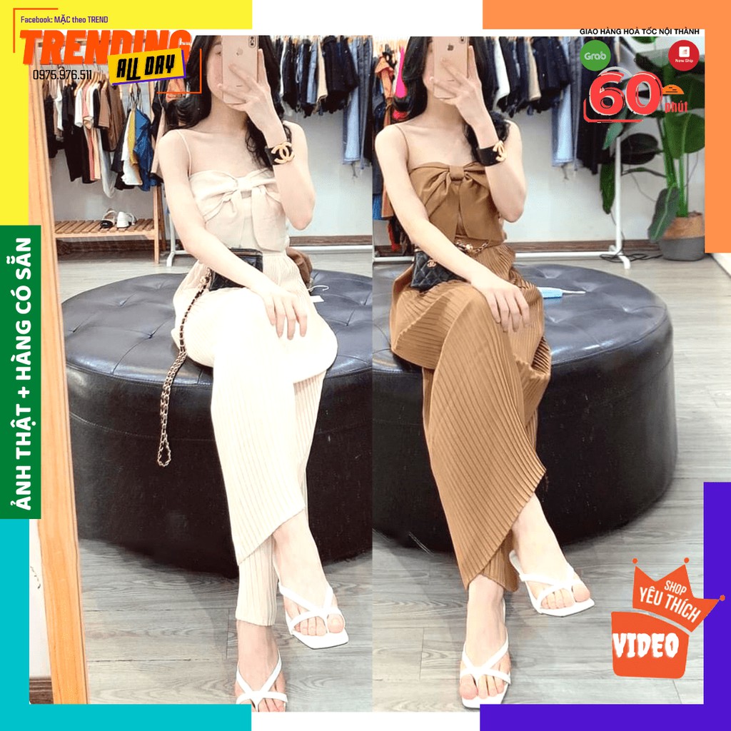 [GIẢM 10K] Set ÁO NƠ HAI DÂY QUẦN ỐNG RỘNG DẬP LY 3 màu ĐEN-TRẮNG-NÂU | BigBuy360 - bigbuy360.vn