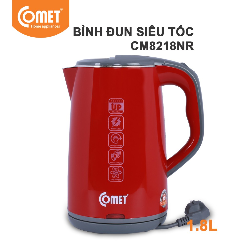 [Mã ELHADEV giảm 4% đơn 300K] Bình Đun Siêu Tốc COMET inox 304 1.8L CM8218N - Hàng chính hãng