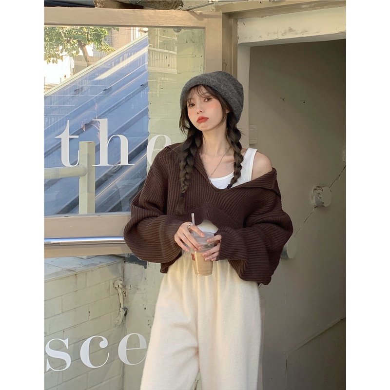 Áo Hoodie Dệt Kim Tay Dài Dáng Rộng Cổ Chữ V Dễ Thương Xinh Xắn