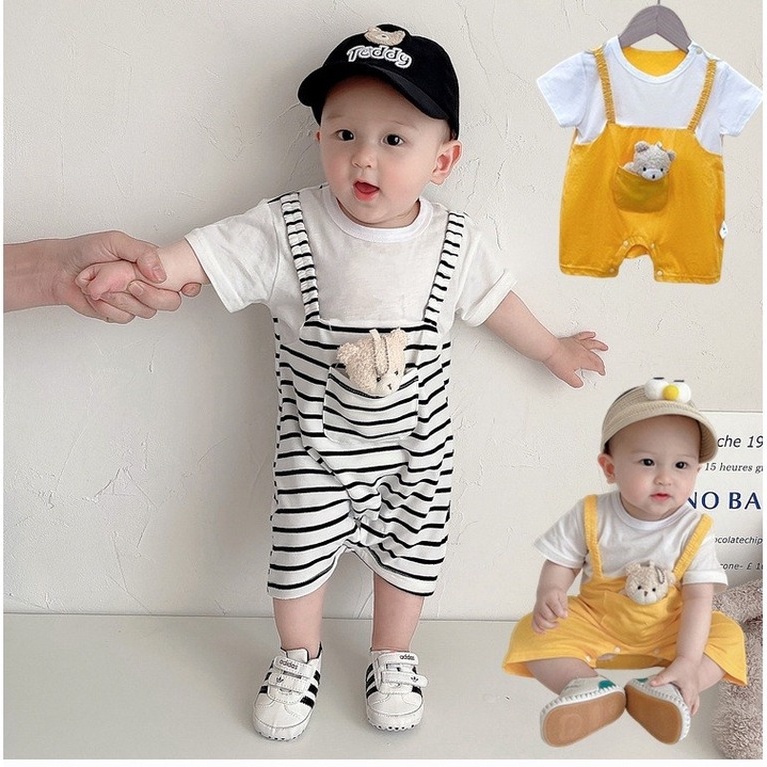 Bộ Áo Liền Quần Ngắn Tay Cổ Tròn Giả Hai Lớp In Hình Gấu Thời Trang Mùa Hè Cho Bé Trai Và