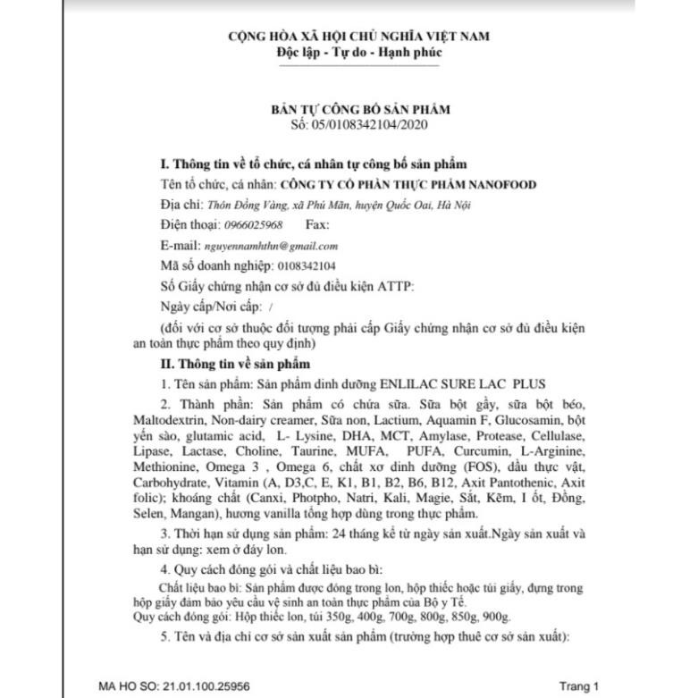 Sữa bột Enlilac SureLac Plus, dinh dưỡng cao, năng lượng toàn diện cho người ốm bệnh và sau phẫu thuật