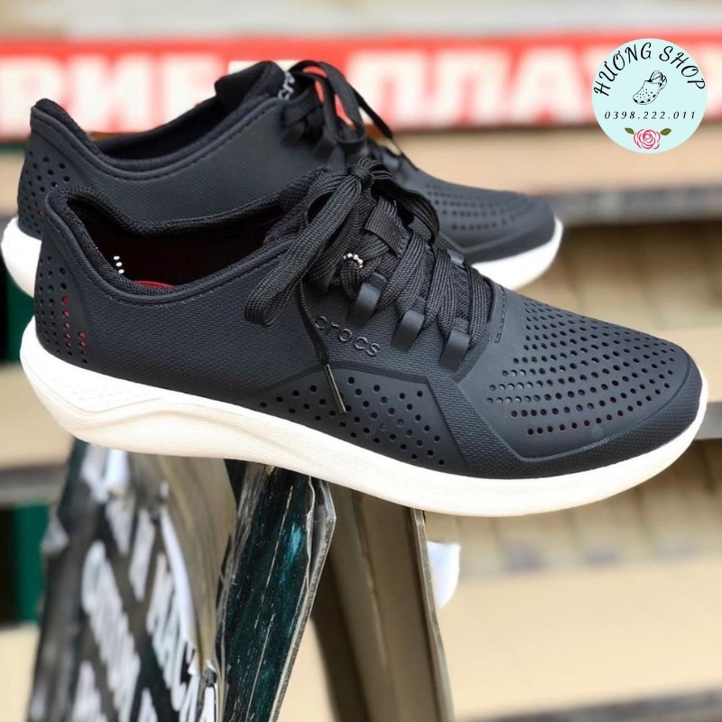 Giày nhựa Croc.s Literide buộc dây màu đen,giày đi mưa siêu chống thấm, chống trơn trượt cho nam nữ
