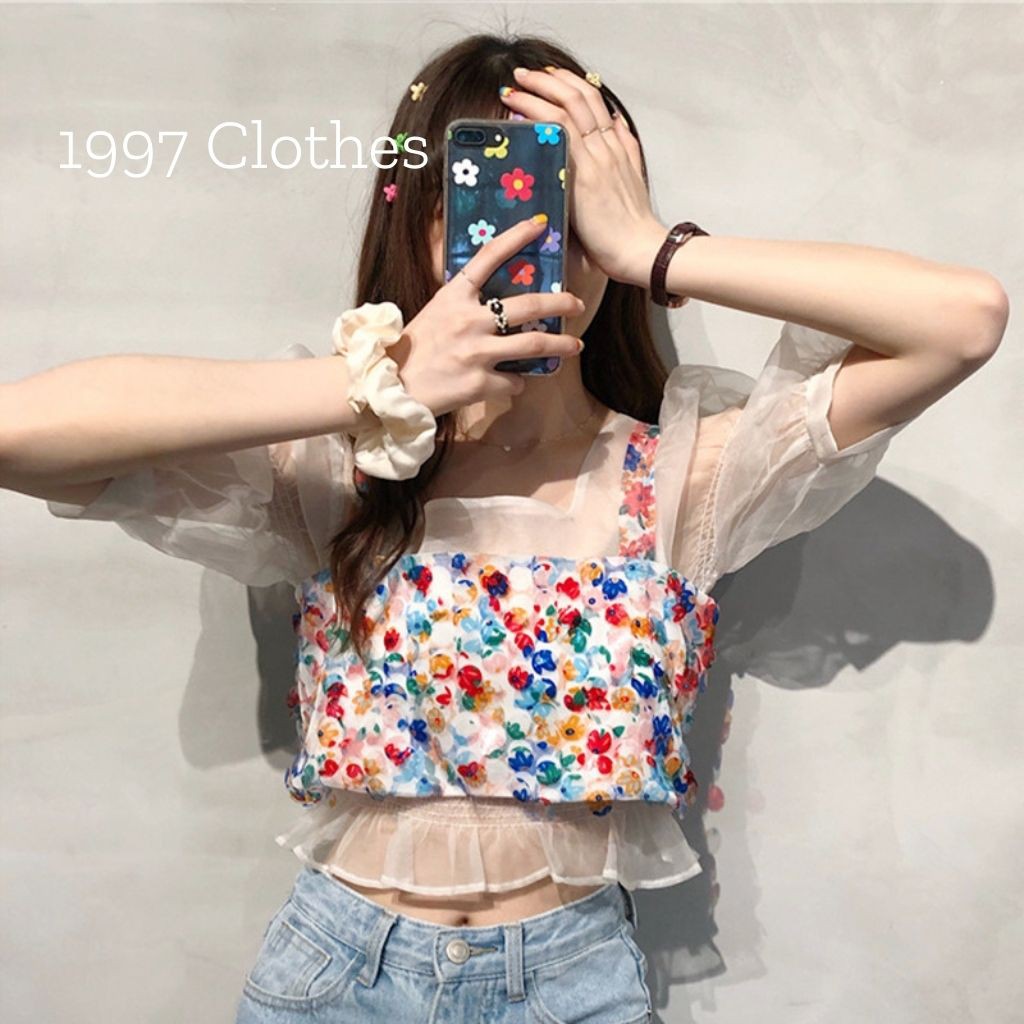 [1997 CLOTHES] Áo croptop vải voan ngắn tay kết hợp áo 2 dây ngoài A2D03