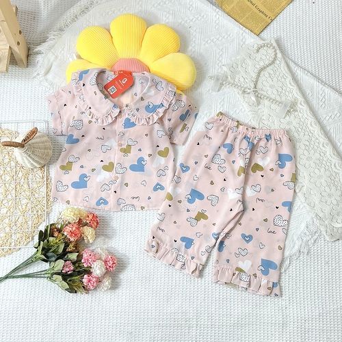 Bộ đồ ngủ pijama cổ bèo cộc lửng lụa mango tay bồng dành cho bé gái từ 11 - ảnh sản phẩm 4