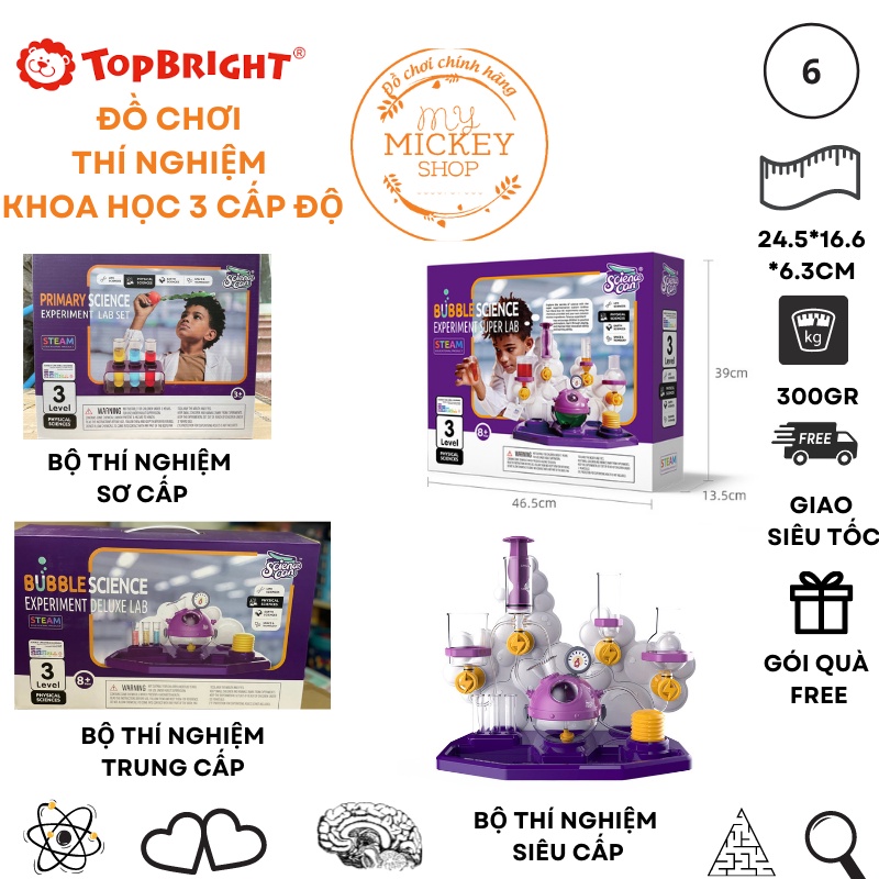 Bộ đồ chơi Topbright thí nghiệm khoa học 3 cấp độ bé học Steam Stem Bubble Science Experiment Super Lab bé từ 6 7 8 tuổi