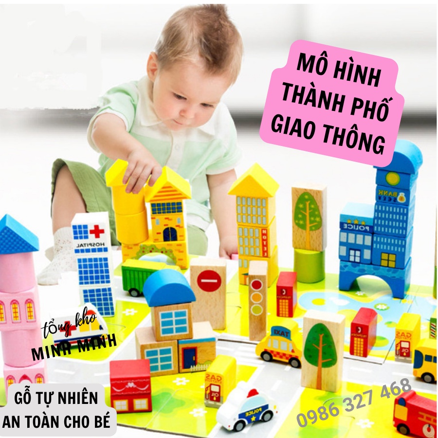 ĐỒ CHƠI GỖ MÔ HÌNH THÀNH PHỐ GIAO THÔNG nắp đỏ phát triển trí tuệ