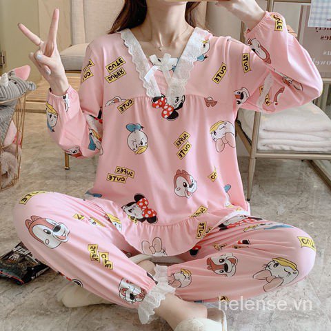 Set Pajamas Áo Dài Tay Cổ Bẻ + Quần Dài Cho Nữ