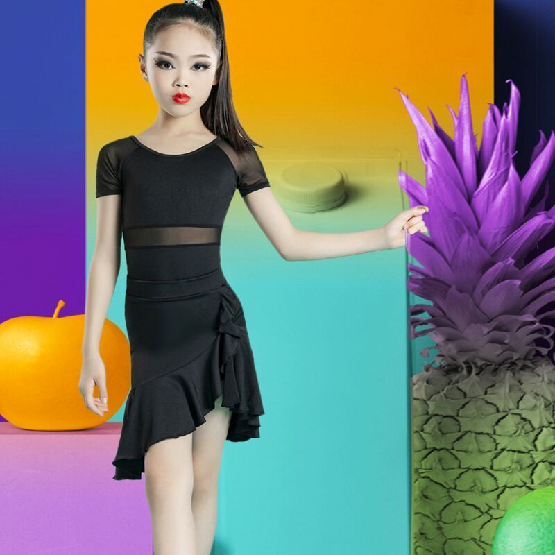 Bộ Trang Phục Khiêu Vũ Latin Ngắn Tay Màu Đen Dành Cho Bé Gái 8.19