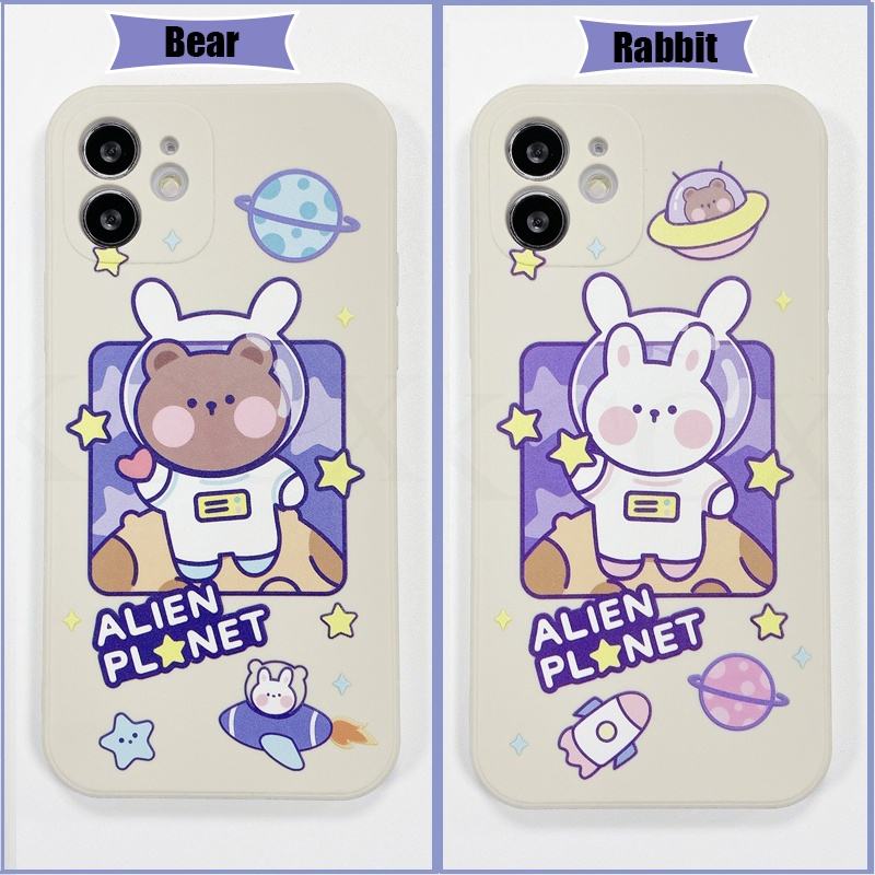 White Case For OPPO A31 A9 A5 2020 A92S A52 A72 A92 A91 A12e A83 A59 A59S A57 A39 AX5 A3S Phone Case Bear rabbit Soft-touch New Luxury Side Printing Square Liquid Silicone Soft Cover Shell