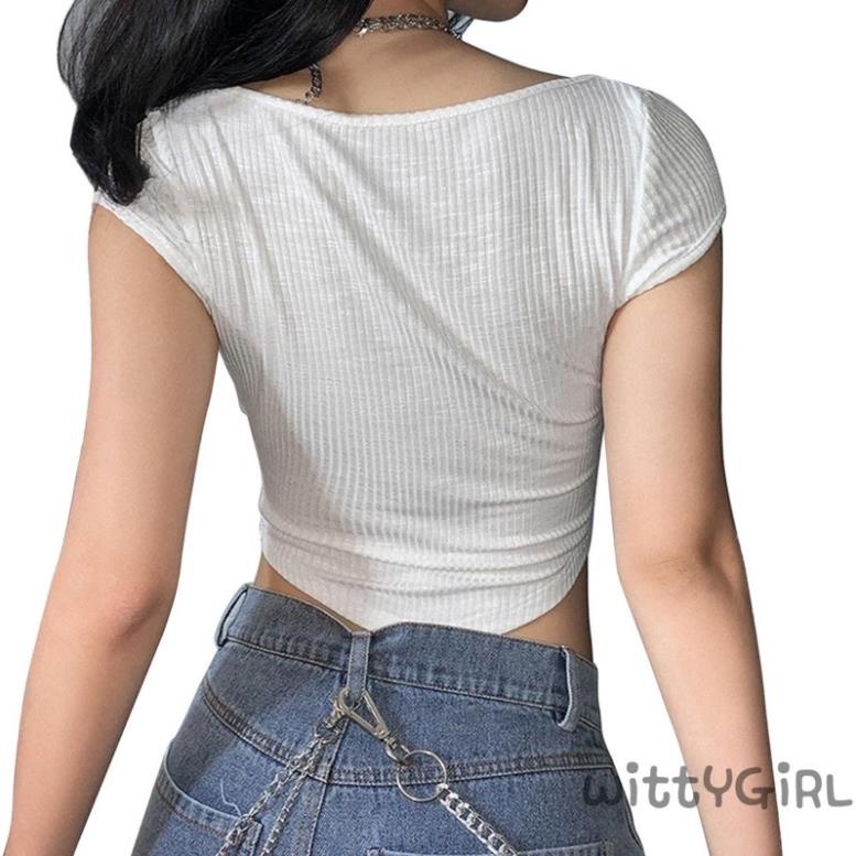 Áo thun Croptop cổ cúc ngắn tay vạt bầu mã A25