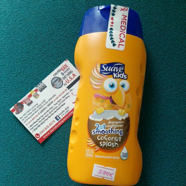DẦU GỘI XÃ BÉ MÙI DỪA Suave Kids 2-in-1 Shampoo Smoothers,  Coconut splash 12 oz  355ML TỪ MỸ