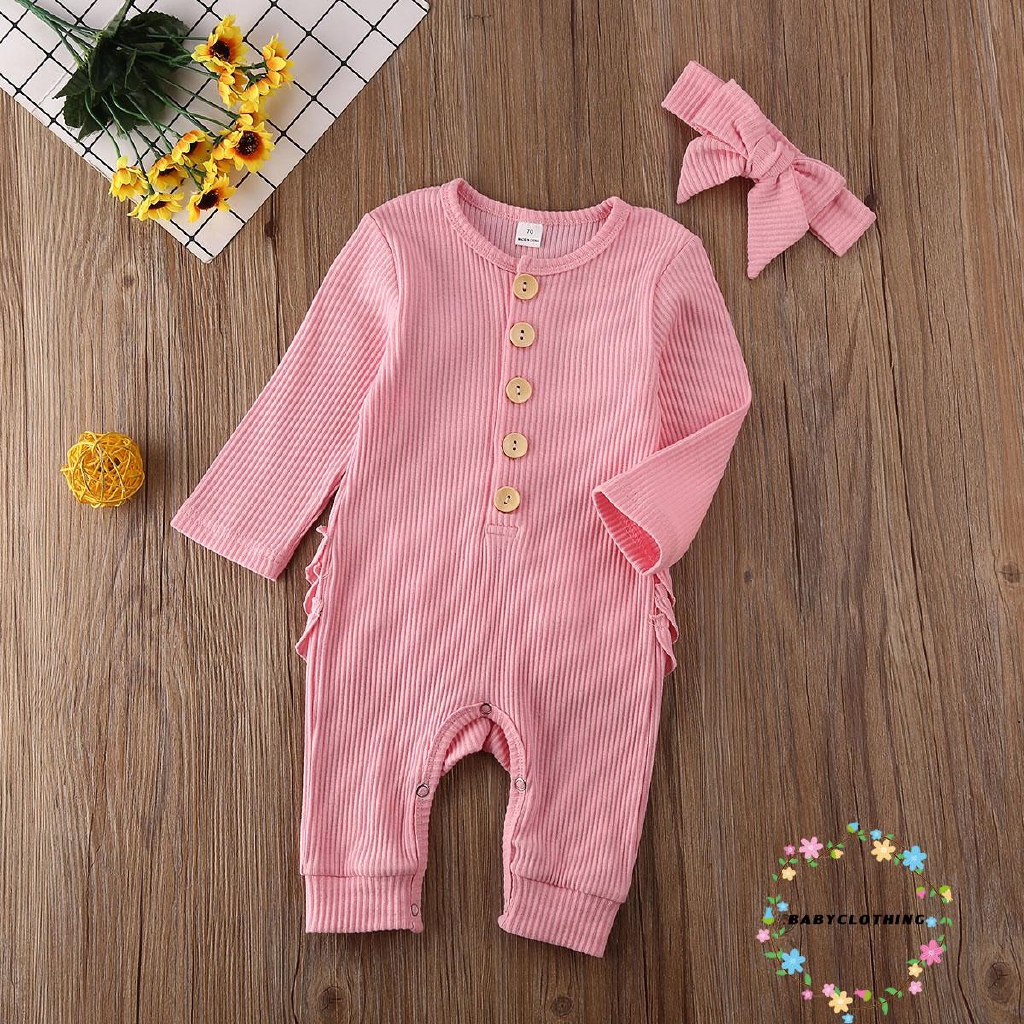 Bộ áo liền quần dệt kim dài tay phối bèo + băng đô cho bé sơ sinh
