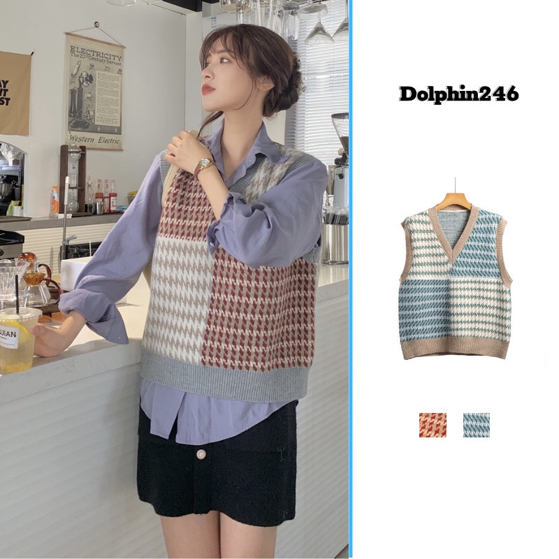 Gile Len Nữ Cổ V Bigsize Dày Dặn Form Rộng Nhiều Màu Vintage Phong Cách Hàn Quốc Kẻ Ô Vuông A-4