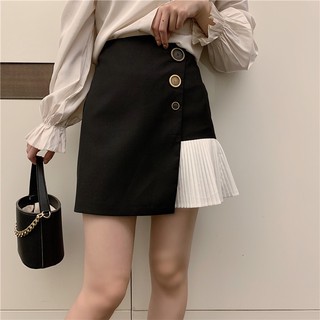 chân váy ngắn chữ a cạp cao xếp ly cúc lệch