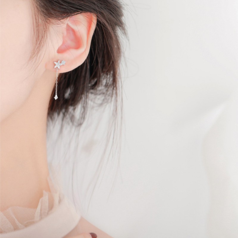 Bông Tai Bạc S925 Tua Rua Trăng Sao Sợi Thả Bất Đối Xứng Xinh Xắn | Khuyên Tai Nữ Trang Sức Bạc Thời Trang