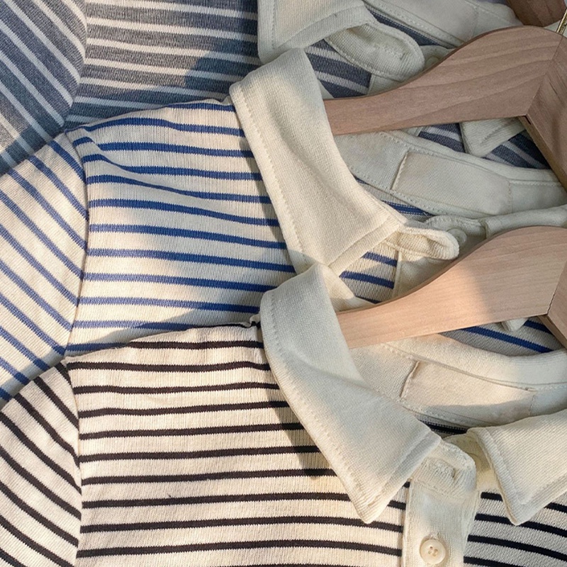 Áo polo IELGY ngắn tay họa tiết kẻ sọc phong cách thời trang Hong Kong