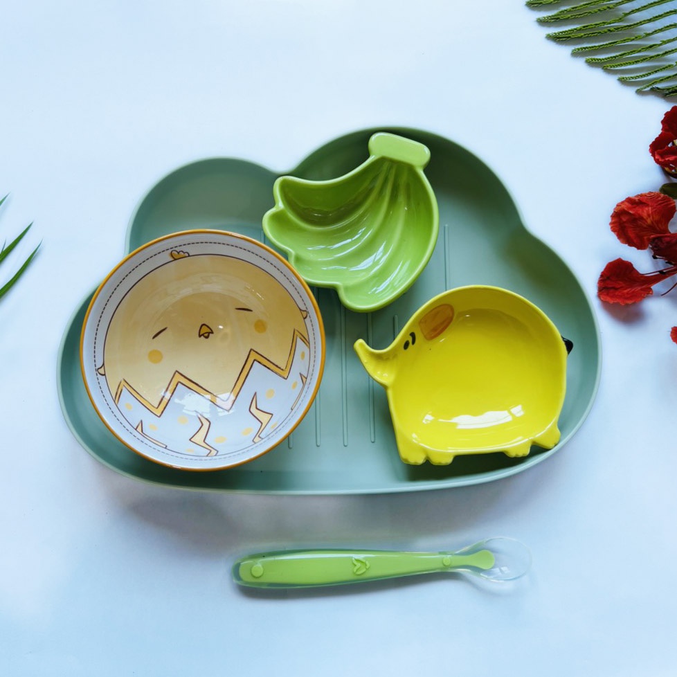 Combo Bát Đĩa Ăn Dặm Chất Liệu Gốm Sứ Kèm Khay Và Thìa Màu Sắc Đáng Yêu Ngộ Nghĩnh YOOTA BABY
