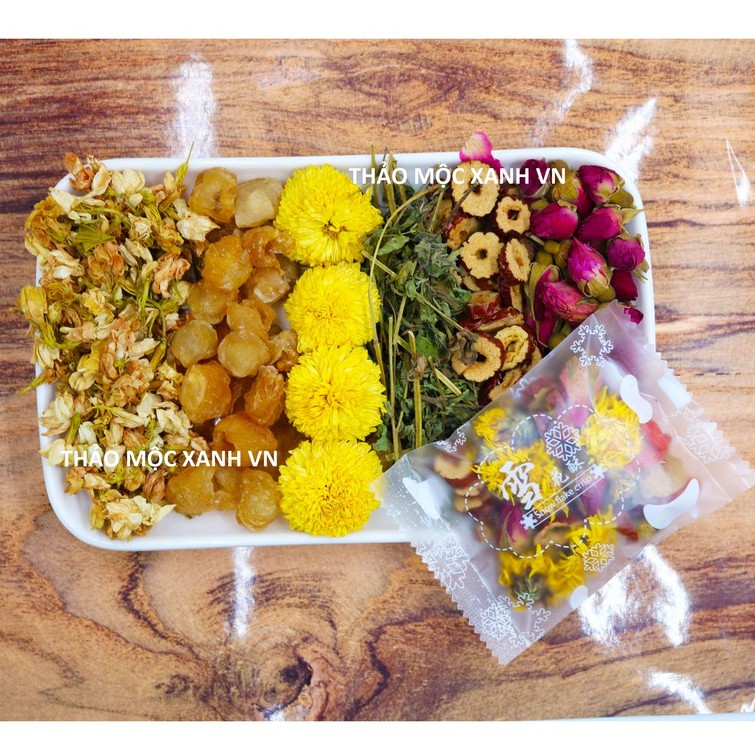 Trà Dưỡng Nhan An thần ngủ ngon 6 Vị (Gồm: Hoa Cúc; Nụ Hoa Hồng; Long NhãN; Táo Đỏ, Cỏ ngọt, Hoa nhài)