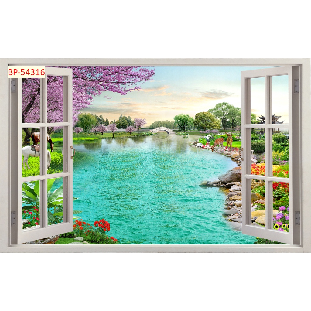 Tranh dán tường 3D khung cửa sổ mẫu mã đẹp mắt gần gũi với thiên nhiên, phù hợp nhiều không gian