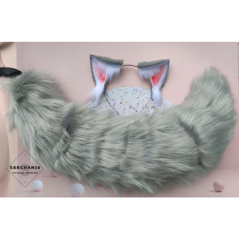 Bộ tai và đuôi của cáo xám cosplay, đuôi có dây ruy băng cột quanh eo