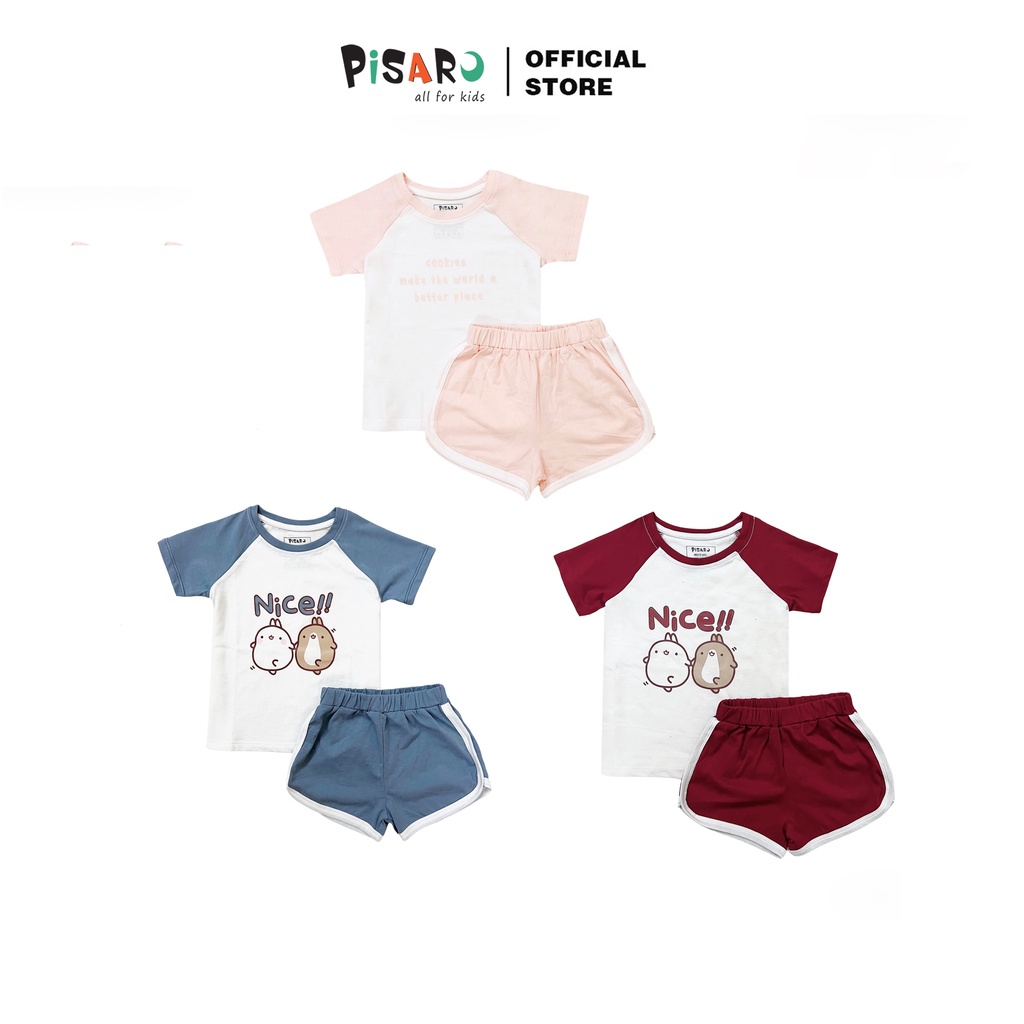 Bộ quần áo trẻ em ngắn tay PISARO Kids 8tháng-7tuổi vải Cotton Hàn Quốc kiểu dáng Vintage mềm mịn thấm hút mồ hôi