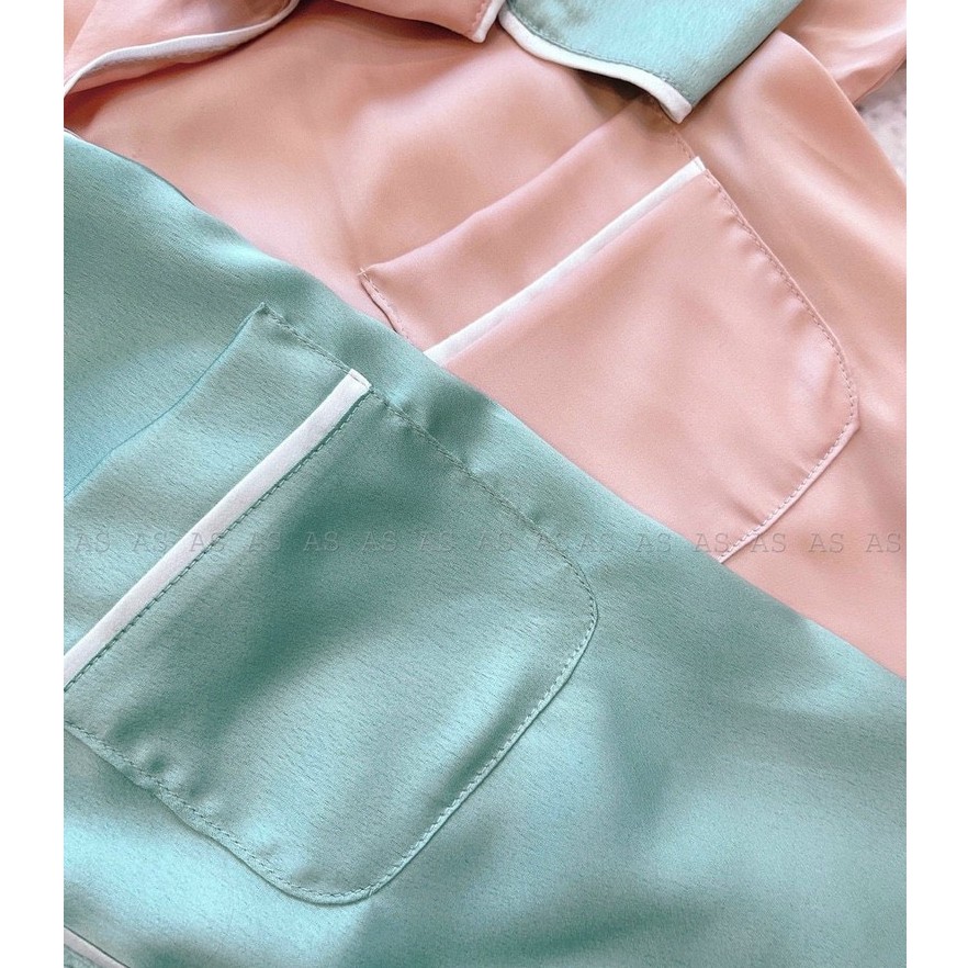 set bộ lụa pha ren gấu áo dài tay quần dài kèm bịt mắt 2 màu hồng xanh | BigBuy360 - bigbuy360.vn