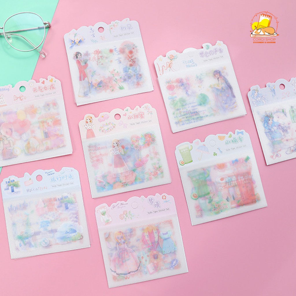 Set 4 tờ sticker dạng washi độc đáo cô gái, công chúa hoạt hình dễ thương - Corgi Shop