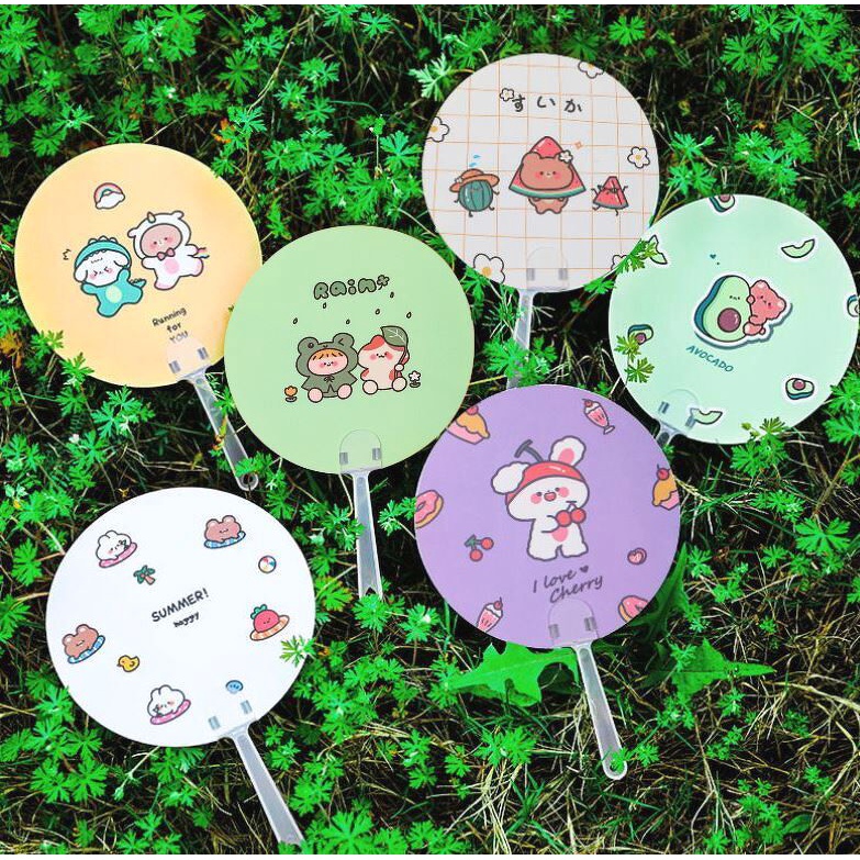 Quạt tay pastel Kem Trái Cây - Hình vẽ Động Vật - Thú Trắng mập ú - Muông Thú đội mũ - Gấu Thỏ Cầu Vồng