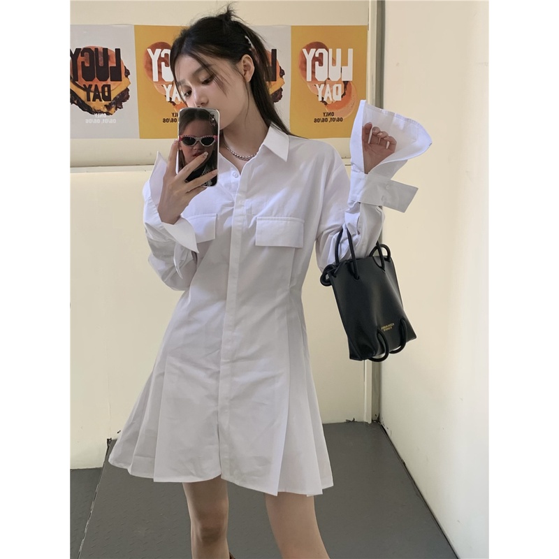 Đầm Sơ Mi Trắng Tay Dài Cổ polo Phong Cách Hàn Quốc Thiết Kế Ngọt Ngào Thời Trang Mới Cho Nữ