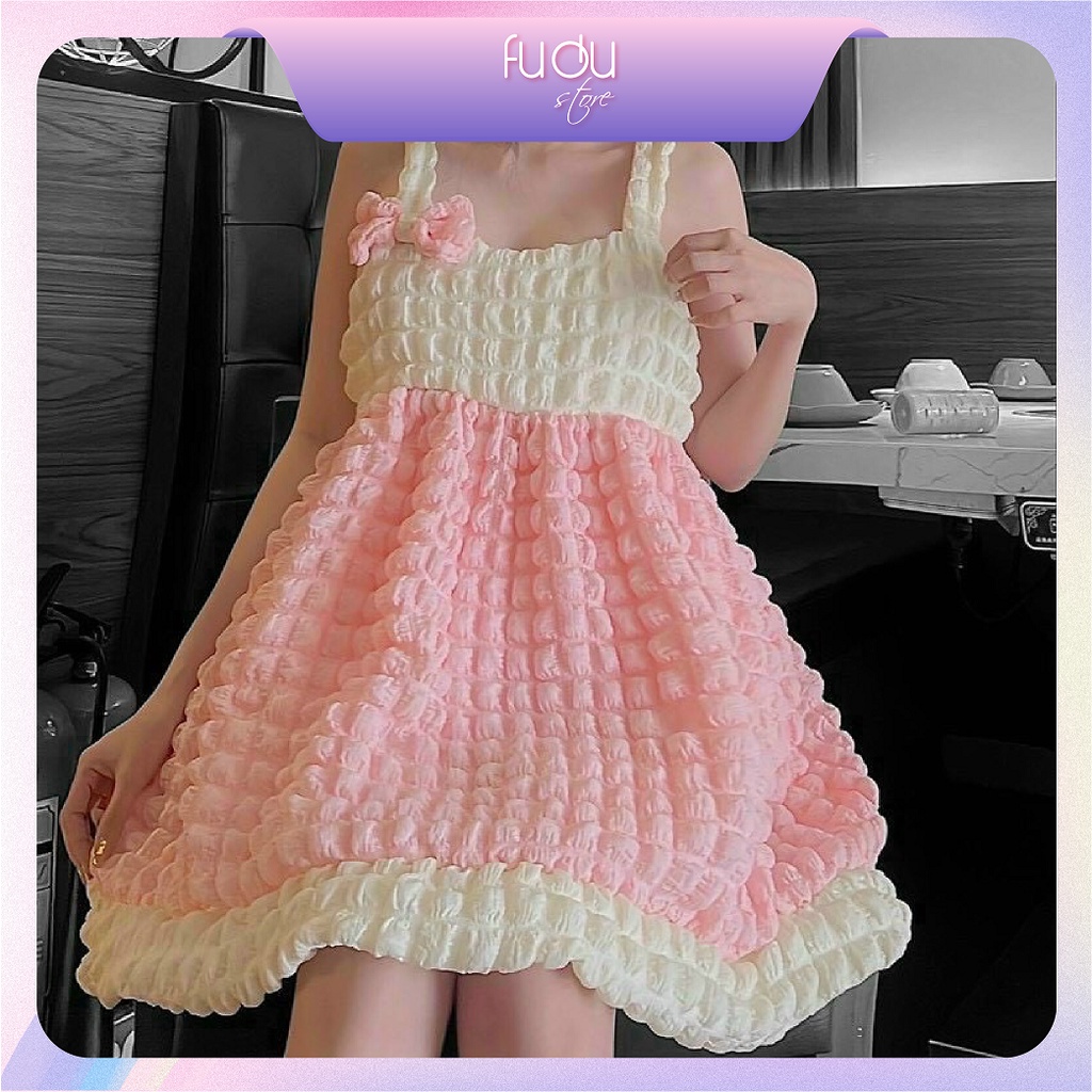 Đầm Babydoll 2 Dây Phối Màu, Chất Thun Xốp Mềm Mại Bồng Bềnh, Phối Nơ Dễ Thương Nữ Tính FD302