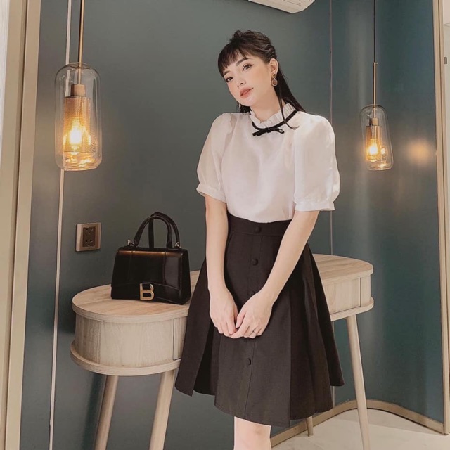 [KÈM ẢNH THẬT]ÁO TRẮNG KATE NƠ ĐEN