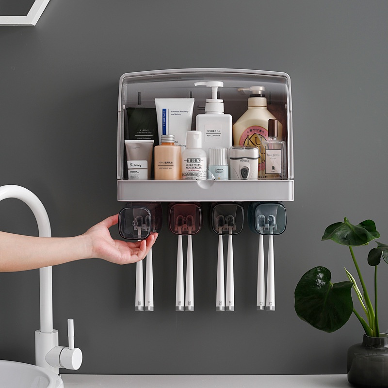 Kệ đựng mỹ phẩm, dụng cụ nhà tắm kèm 4 ly có nắp chắn nước gắn tường tiết kiệm diện tích