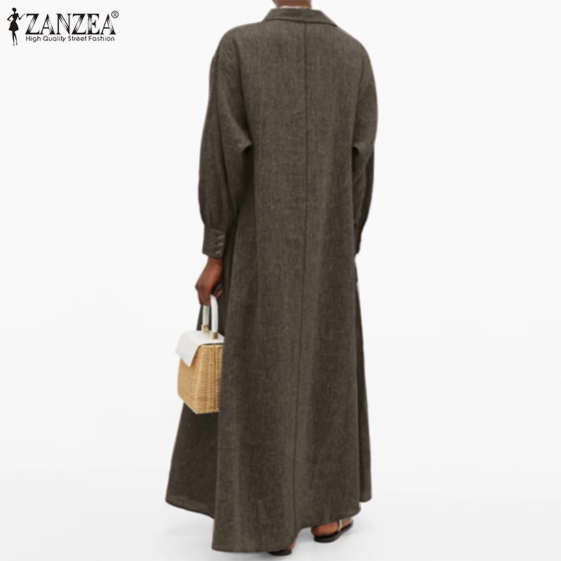 Đầm dài Zanzea cài nút cổ bẻ tay phồng thời trang cho nữ