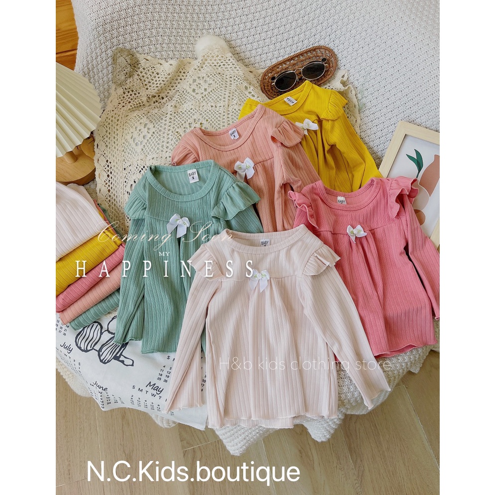 Bộ dài tay len tăm bé gái, bộ tăm đũa Quảng châu bèo vai ống rộng dáng xòe xinh xắn cho bé