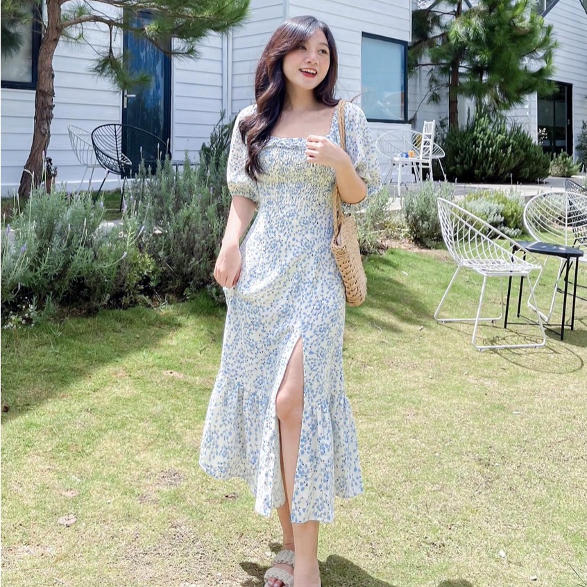 Đầm HEINA-  đầm dài smocking tay lửng