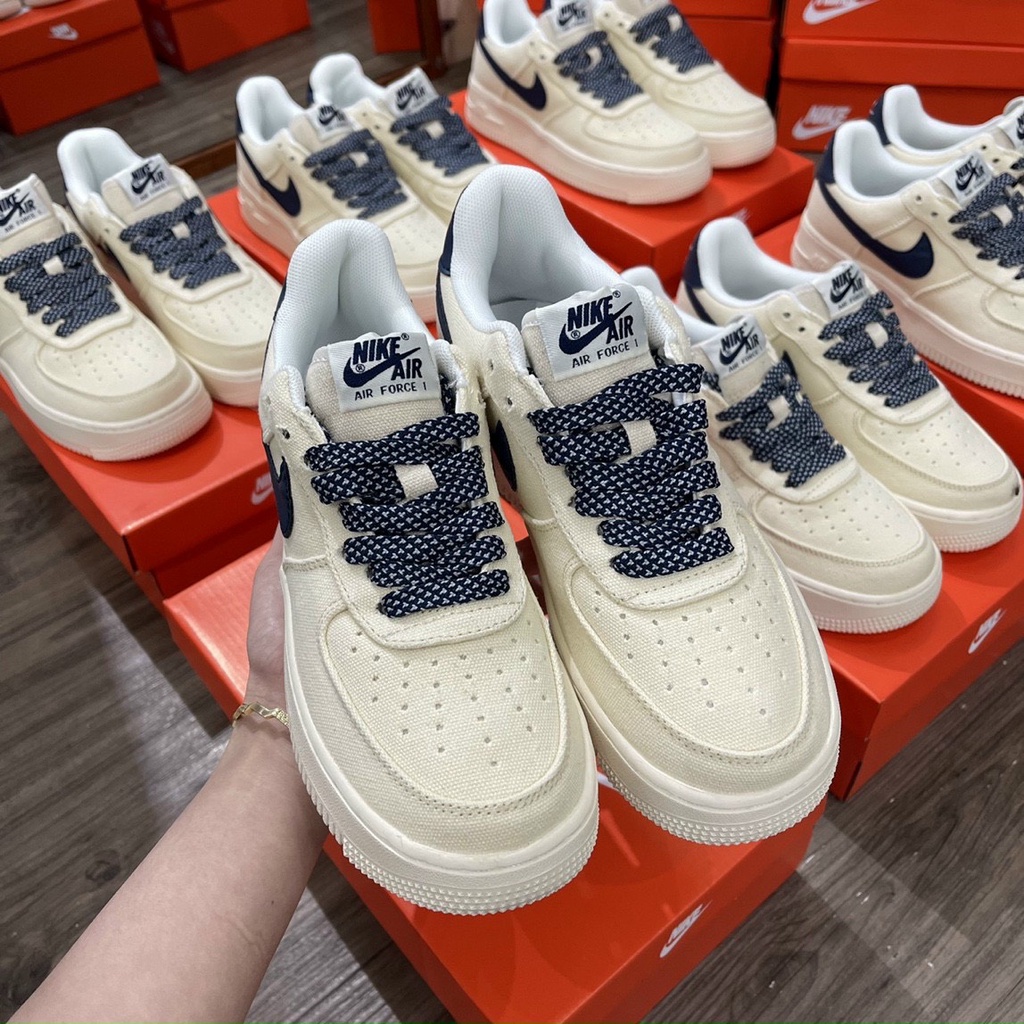 AIR FORCE 1 CANVAS NAVY, AF1 Vải Kem Sữa Hót trend, Giầy thể thao AF1 kem vạch xanh than Full kiện