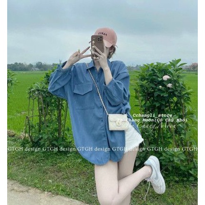 Áo sơ mi nhung tăm vạt bầu nắp túi 1 bên trẻ trung nhiều màu sắc